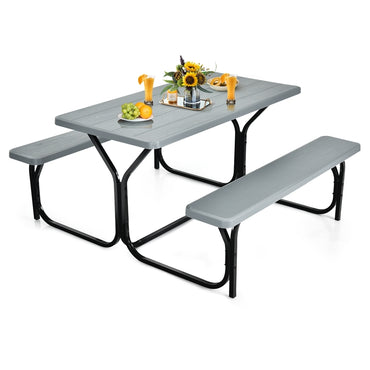 Picnic Table Bench Set with Metal Base Wood for Outdoor