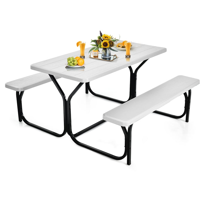 Picnic Table Bench Set with Metal Base Wood for Outdoor