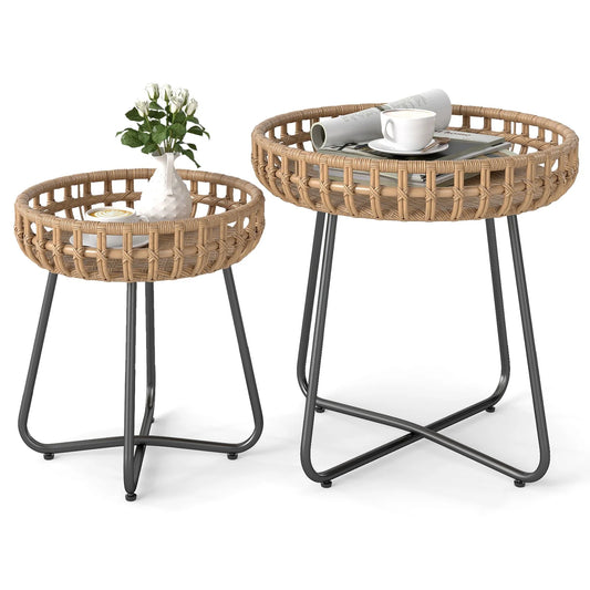 Outdoor Round Side Table Set of 2 in Different Sizes PE Wicker Tables with Sturdy Metal Frames