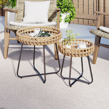 Outdoor Round Side Table Set of 2 in Different Sizes PE Wicker Tables with Sturdy Metal Frames