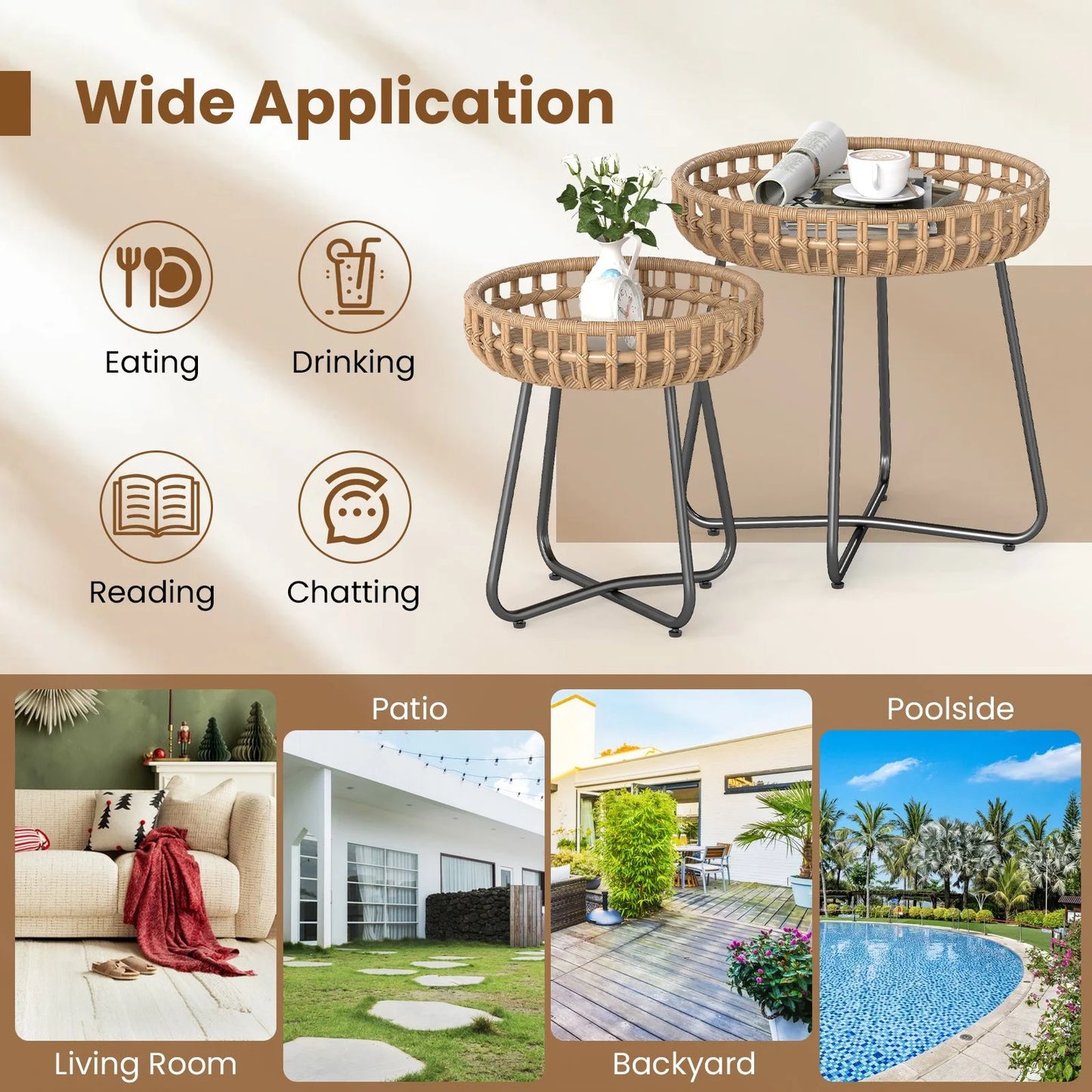 Outdoor Round Side Table Set of 2 in Different Sizes PE Wicker Tables with Sturdy Metal Frames