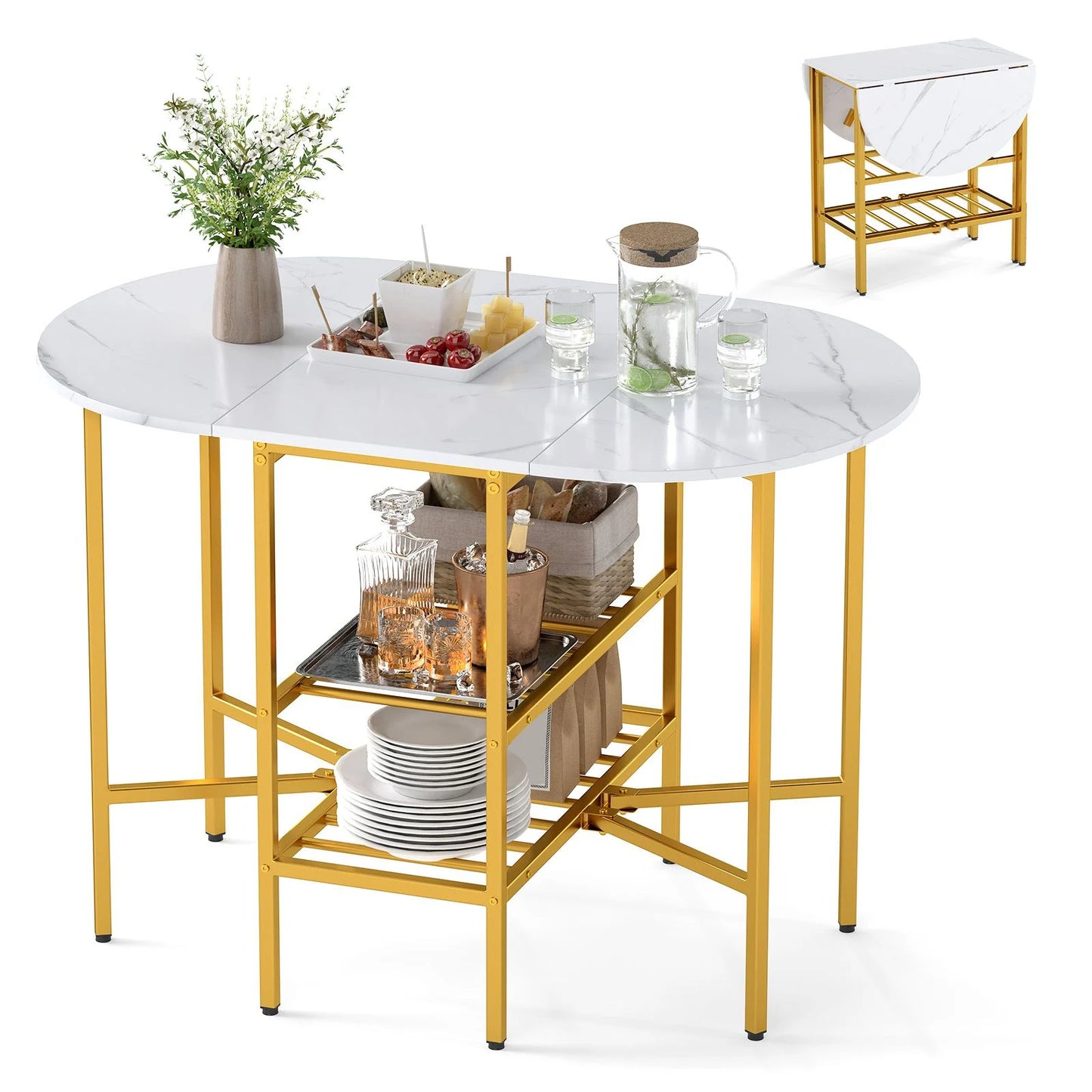 GiantexUK Folding Dining Table, Extendable Drop Leaf Table with Metal Frame & Storage Shelves