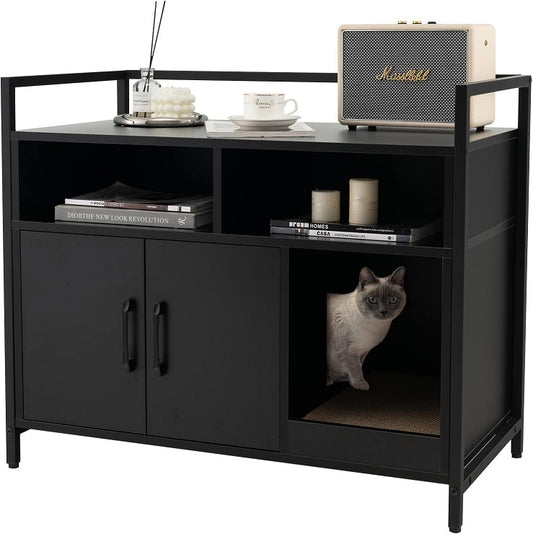 Wooden Cat Litter Box Enclosure with Compartments and Scratching Board