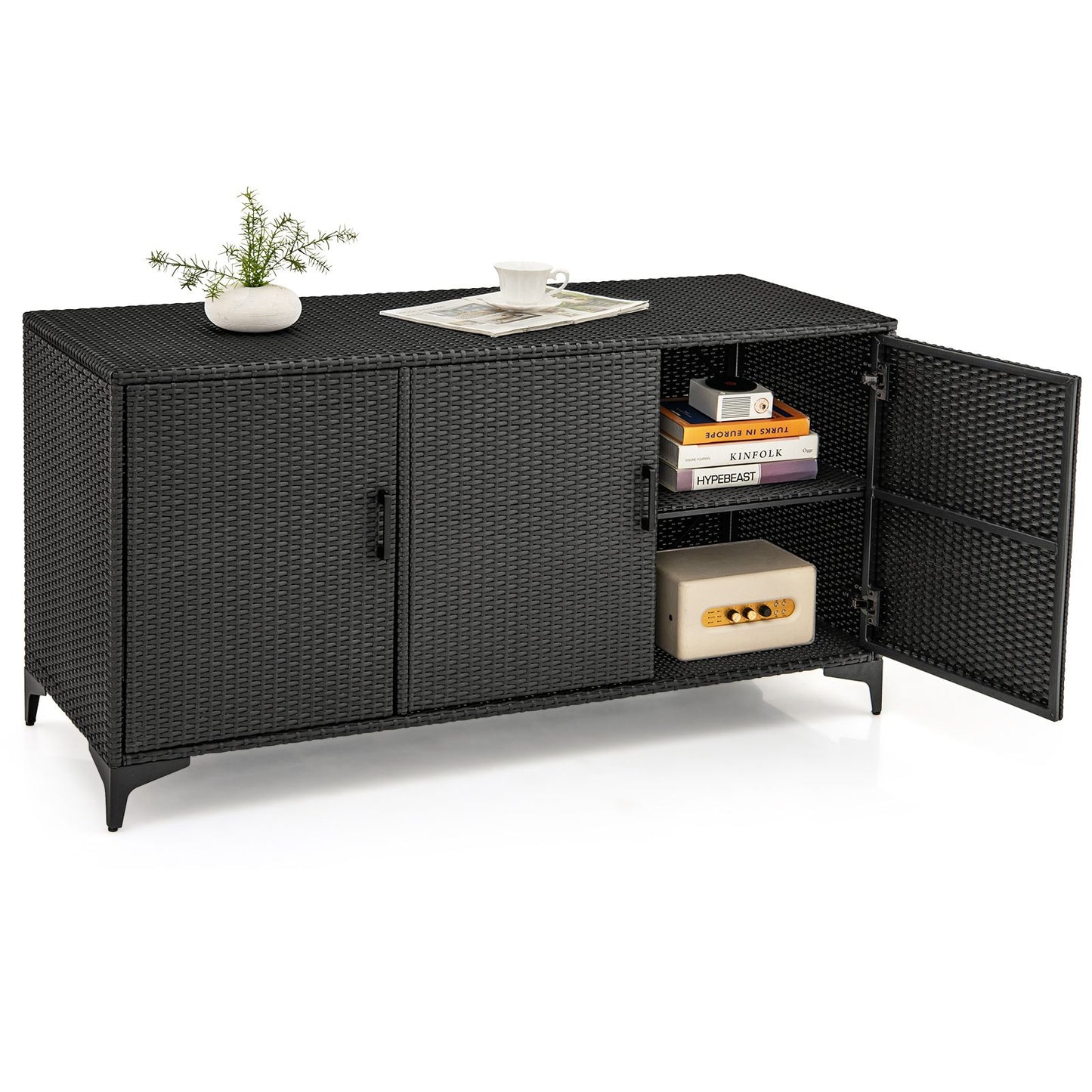 318 L Patio Wicker Storage Cabinet Deck Box with Removable Shelves