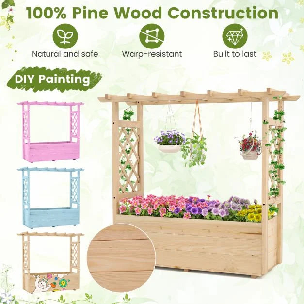 Raised Garden Bed with Lattice Trellises Hanging Roof Drainage