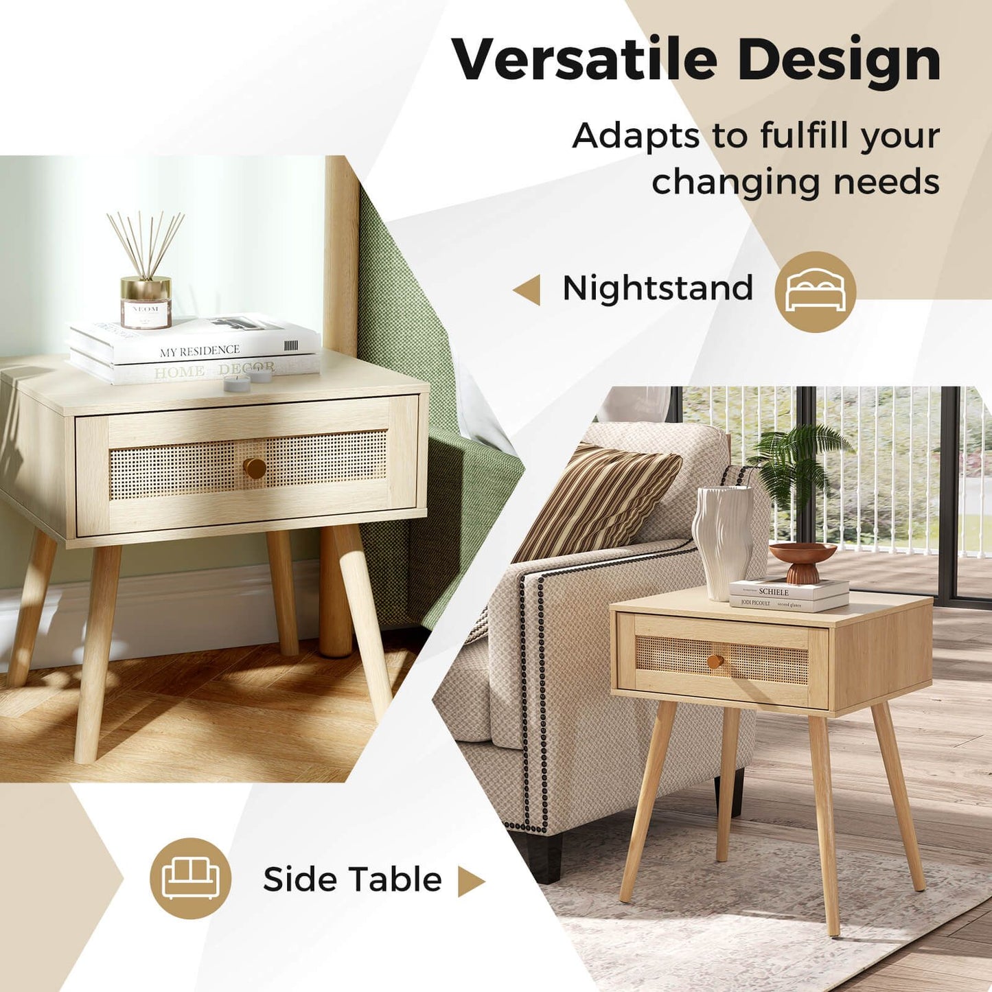 Rattan Nightstand Bedside Table with Drawer and Solid Wood Legs