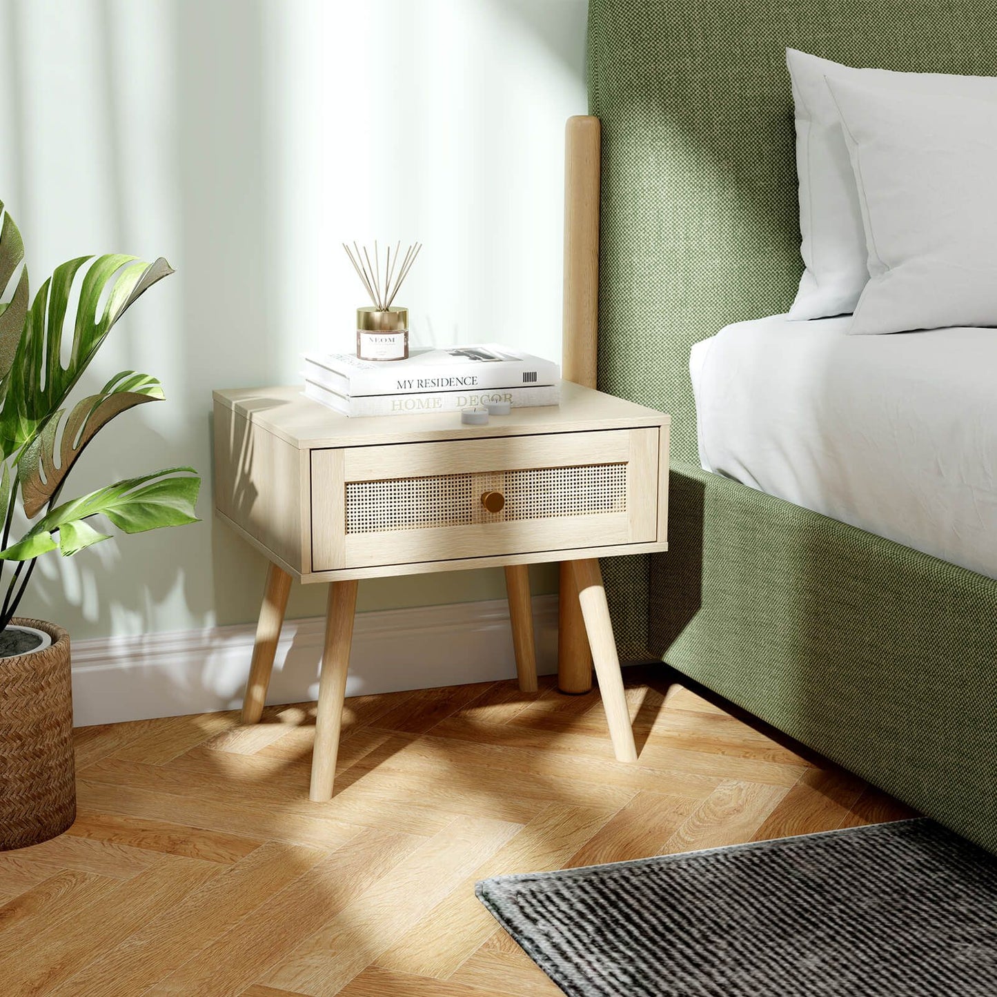 Rattan Nightstand Bedside Table with Drawer and Solid Wood Legs