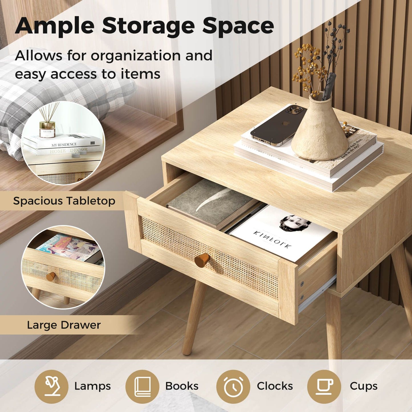 Rattan Nightstand Bedside Table with Drawer and Solid Wood Legs