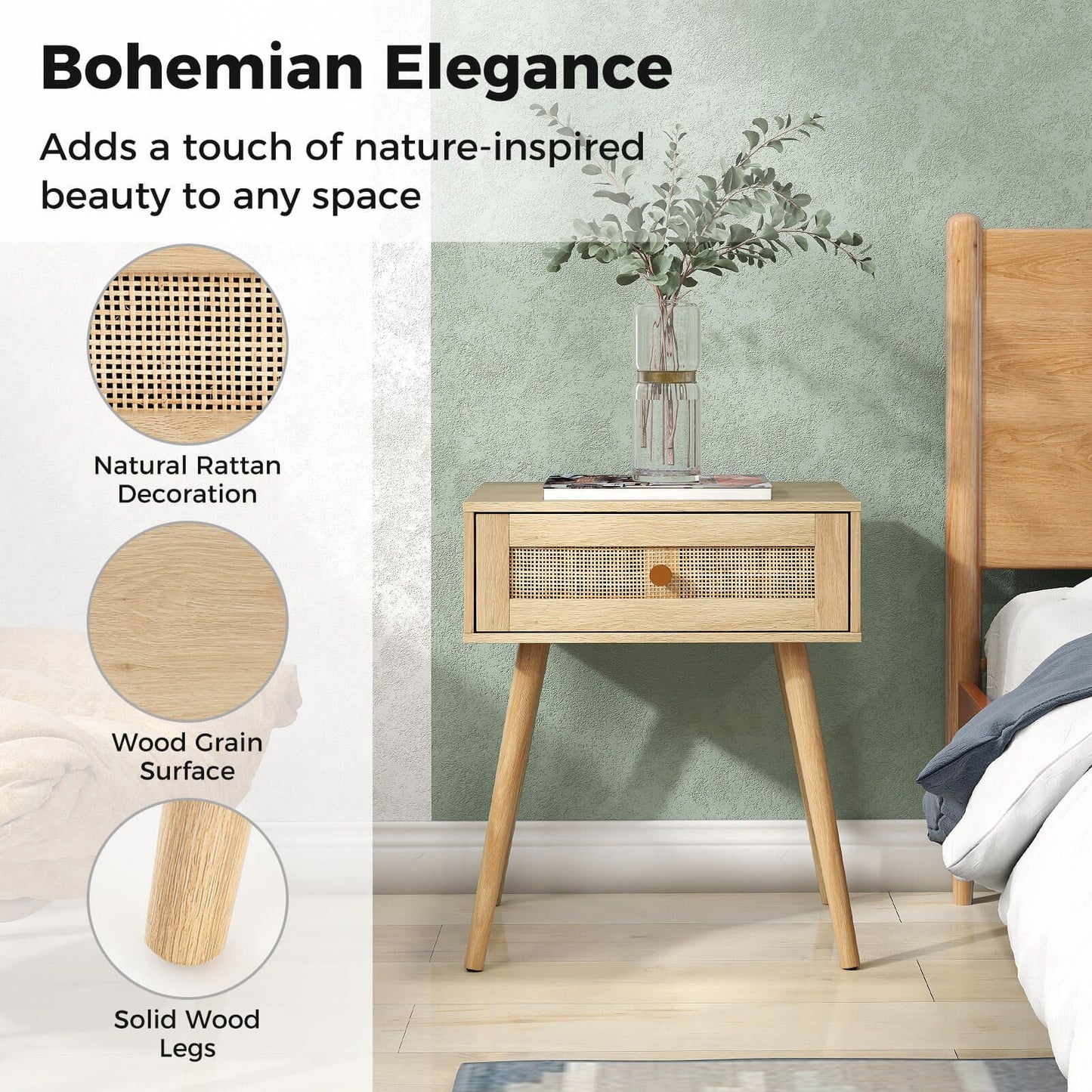Rattan Nightstand Bedside Table with Drawer and Solid Wood Legs