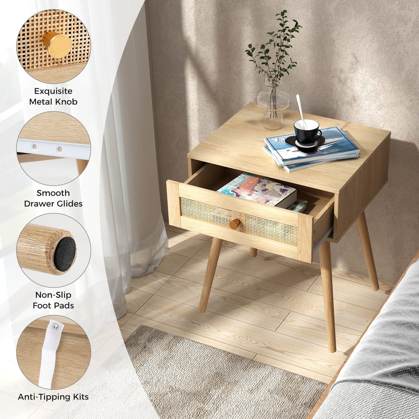 Rattan Nightstand Bedside Table with Drawer and Solid Wood Legs