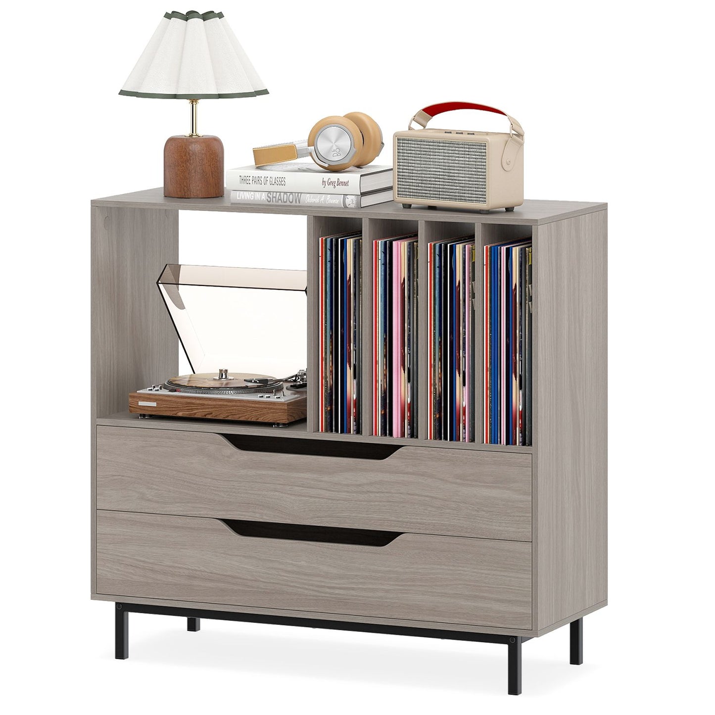 Record Player Stand Mid Century Turntable Stand with Open Compartment