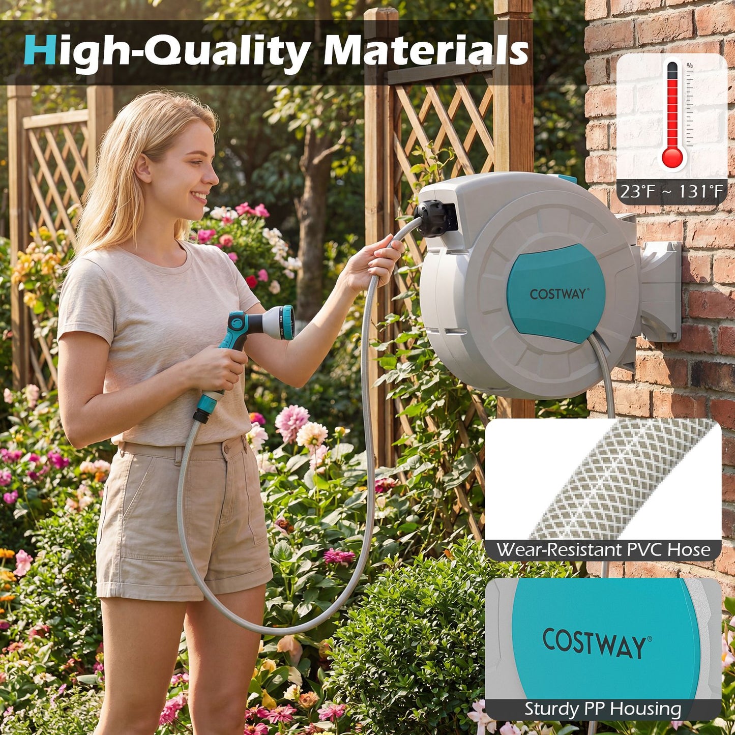 Retractable Hose Reel 20+2M, 10 in 1 Nozzle Wall Mounted Garden Hose with 180° Swivel Bracket