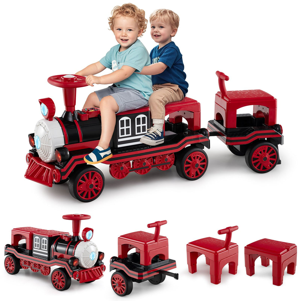 3-Seater Ride on Train Set Trackless with 2 Removable Chairs and Train Whistle