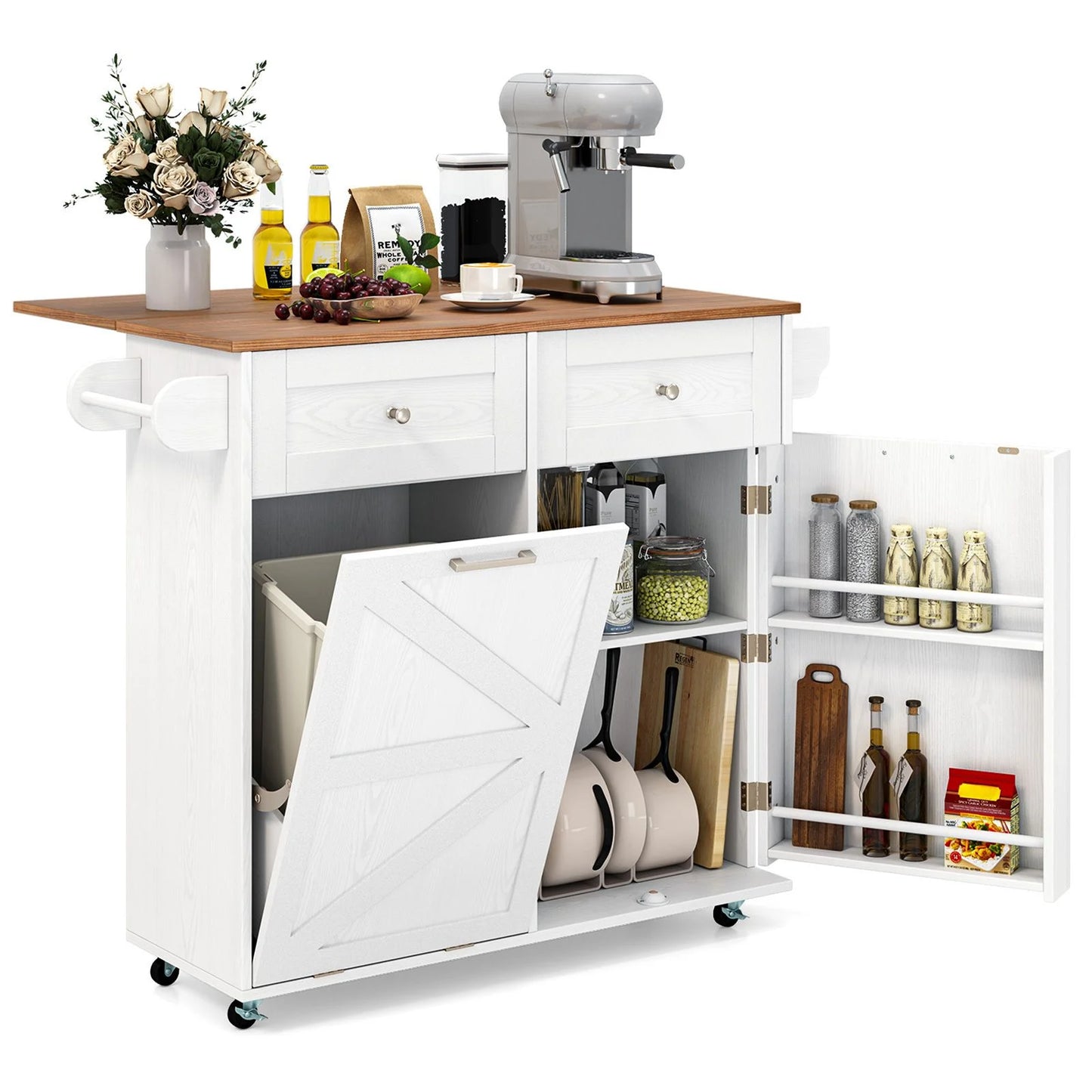 Rolling Kitchen Island with Drop Leaf Kitchen Cart with Tilt Out Trash Can Cabinet