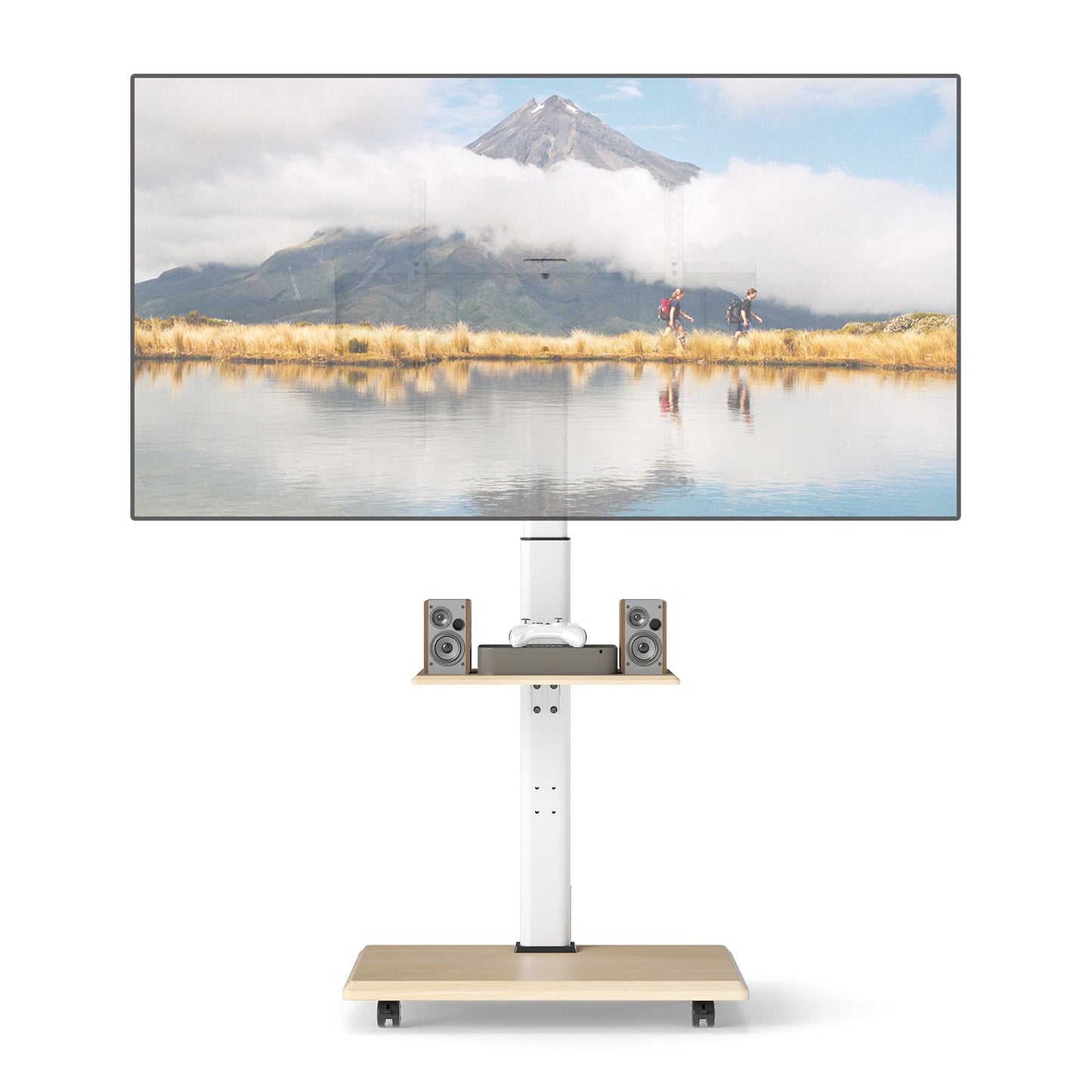 Rolling TV Stand on Wheels with 30° Tilt Mount and Adjustable Shelf
