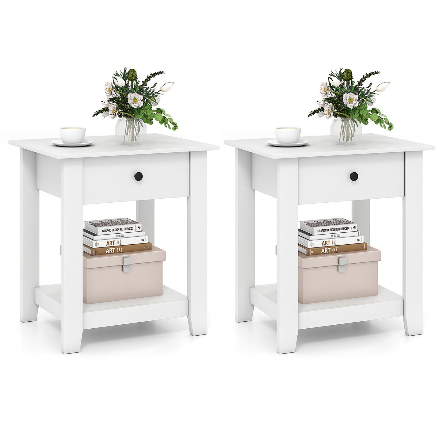 Wooden Nightstand End Sofa Side Table with Drawer and Open Shelf