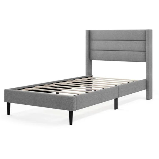 Single/Double Size Bed Frame with Wingback Headboard and Wooden Slats Support