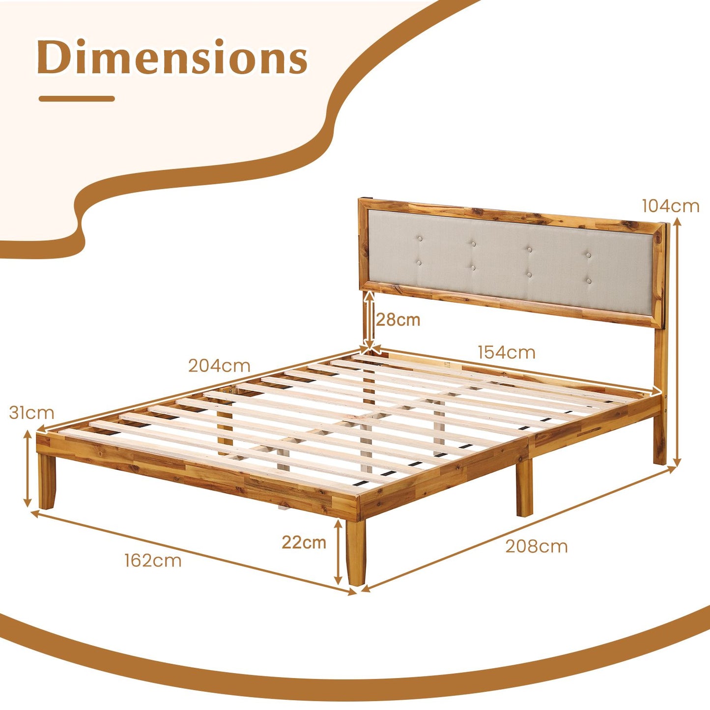Solid Acacia Wood Bed Frame with Tufted Headboard and Ample Under-bed Space
