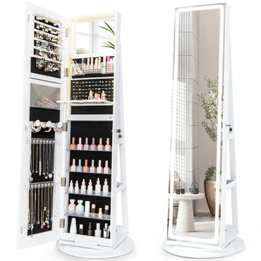 360° Swivel Jewelry Cabinet with LED Lights, Foldable Shelf