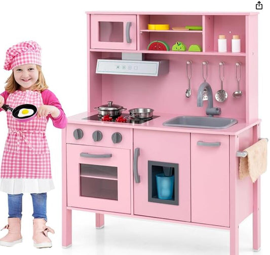 Wooden Kids Play Kitchen Set with Microwave Stoves Oven