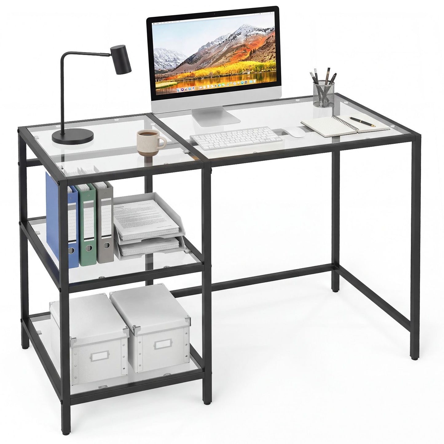 Tempered Glass Computer Desk Modern Office Desk with Open Storage Shelves
