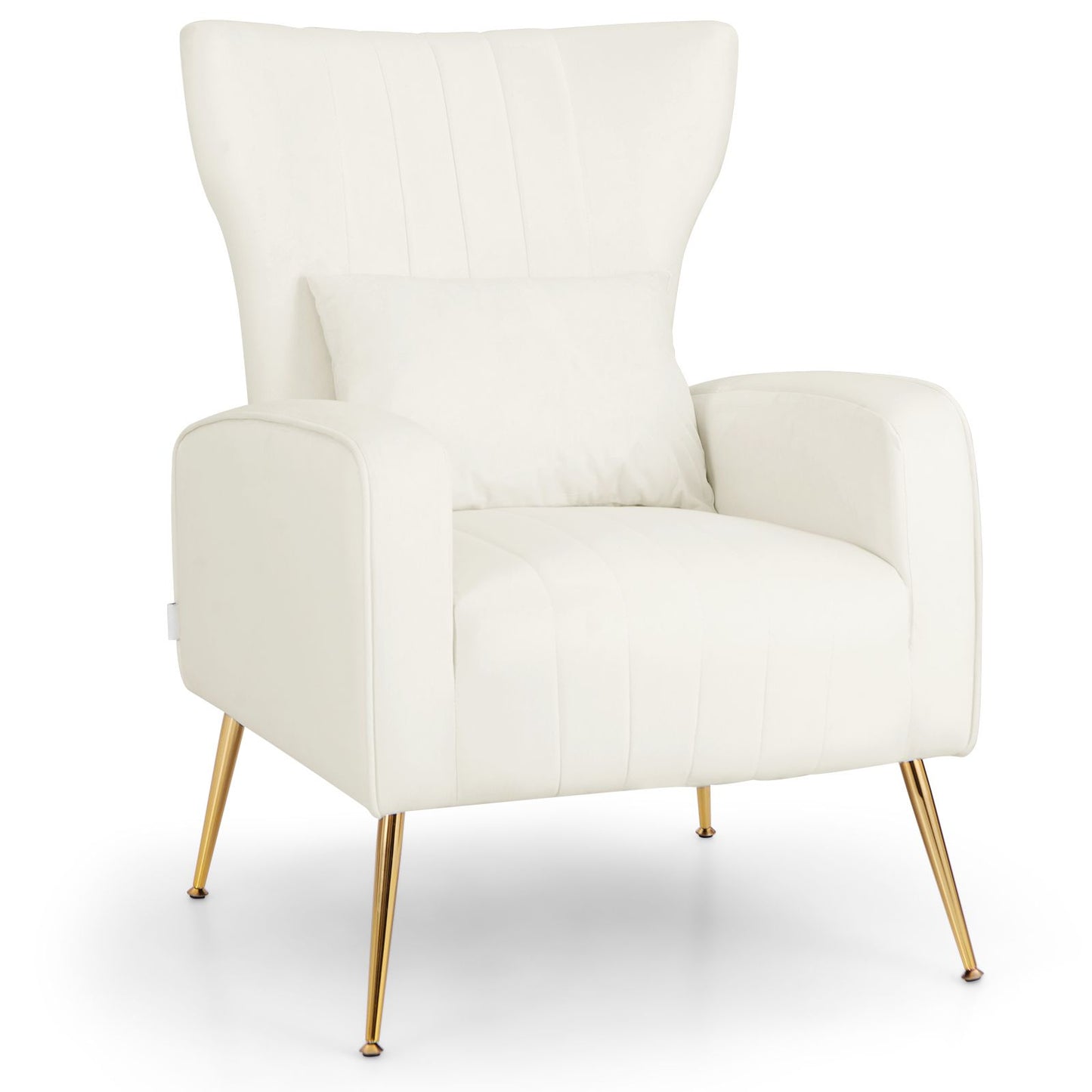 Velvet Upholstered Wingback Chair with Lumbar Pillow and Golden Metal Legs