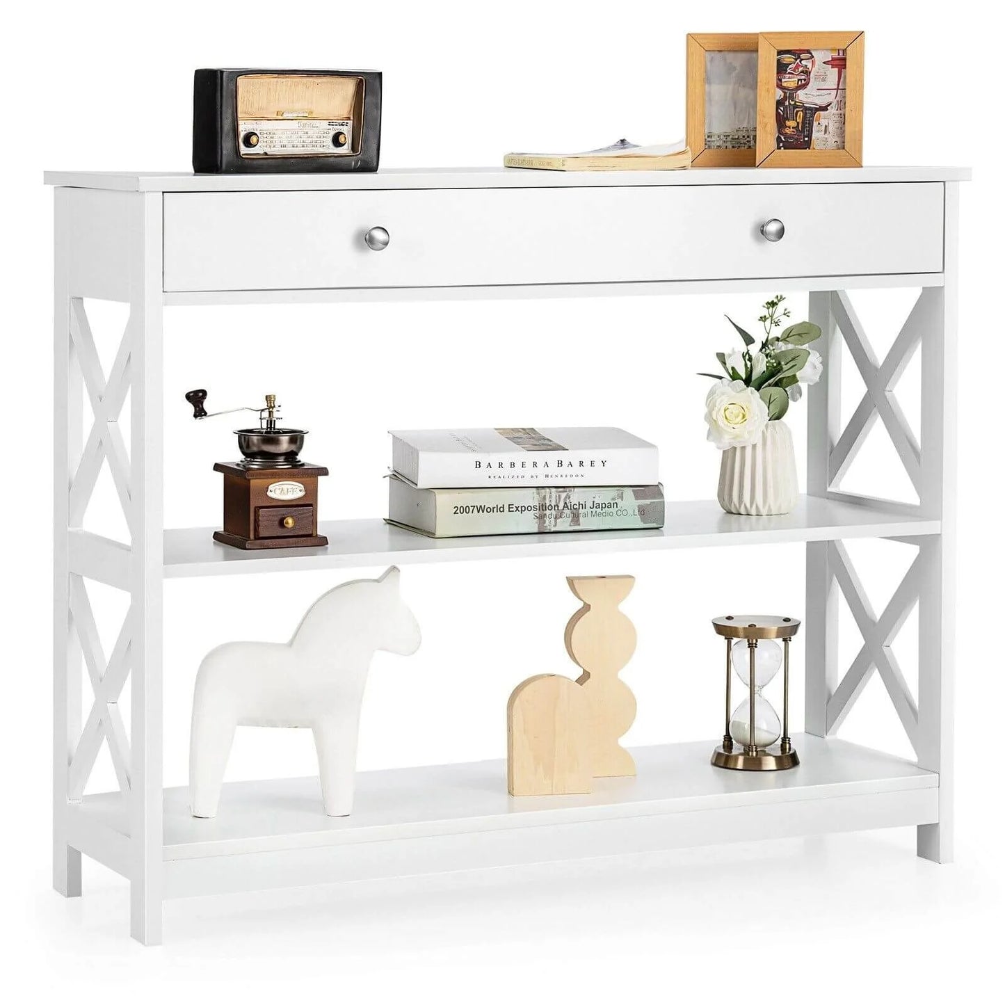 X-Shaped Sofa Side End Table with Drawer and 2 Storage Shelves