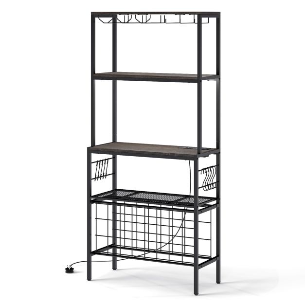 Wine Organizer with Power Outlet Multi-Tier Bakers Rack with Glass