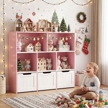 Wooden Toy Storage Organizer Kids Bookshelf with 5 Open Cubes and 3 Movable Drawers
