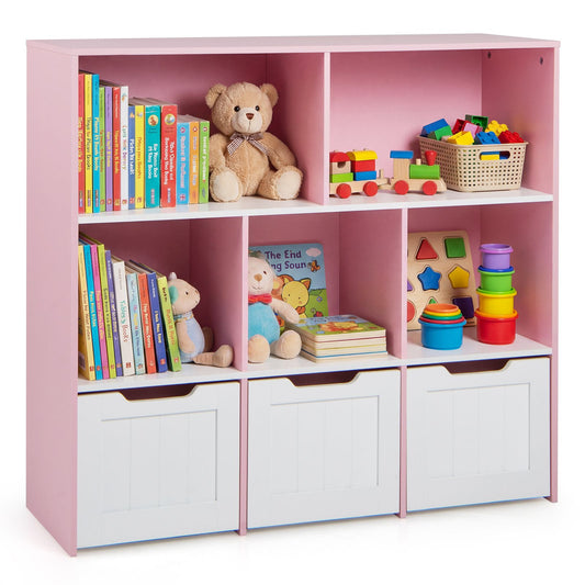 Wooden Toy Storage Organizer Kids Bookshelf with 5 Open Cubes and 3 Movable Drawers