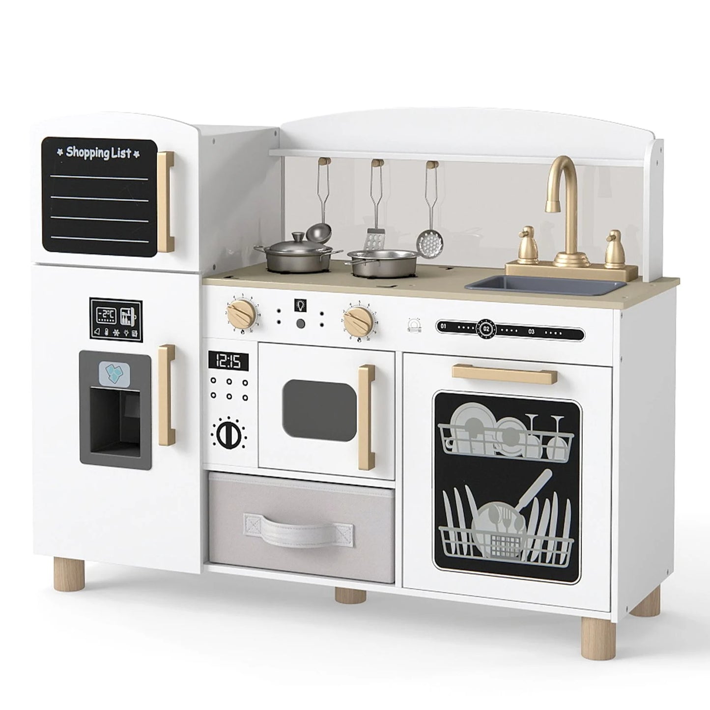 Wooden Kids Play Kitchen with Ice Maker and Fabric Drawer