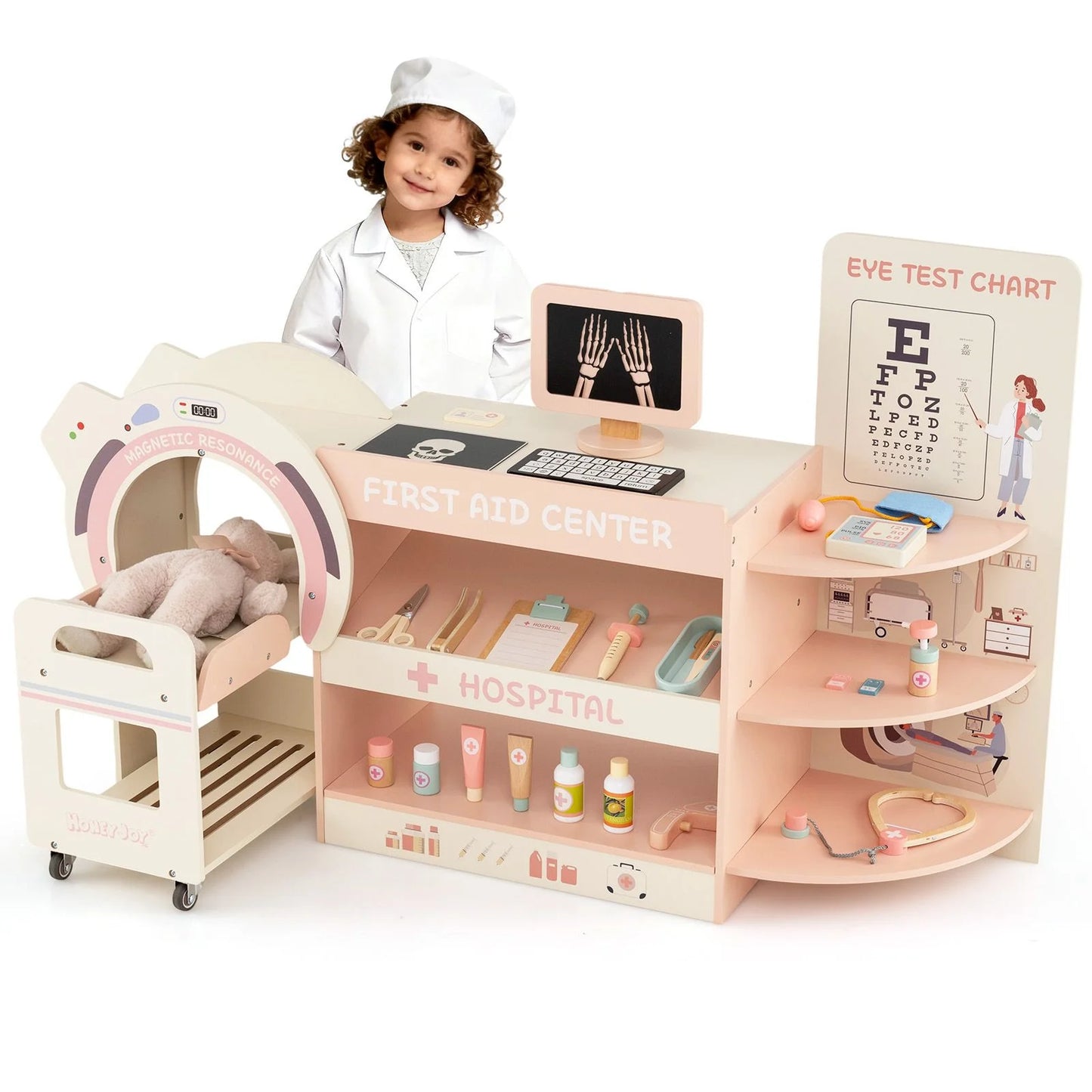 Wooden Pretend Hospital Office Kit with Eye Chart and Toy CT Machine