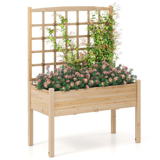 Wooden Raised Garden Bed with Lattice Trellis and Drainage Holes