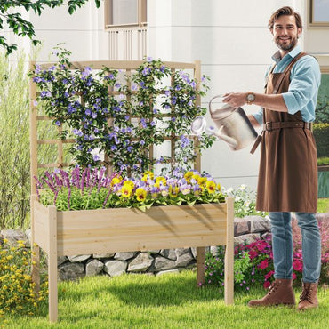 Wooden Raised Garden Bed with Lattice Trellis and Drainage Holes