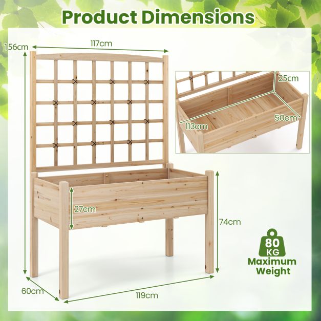Wooden Raised Garden Bed with Lattice Trellis and Drainage Holes