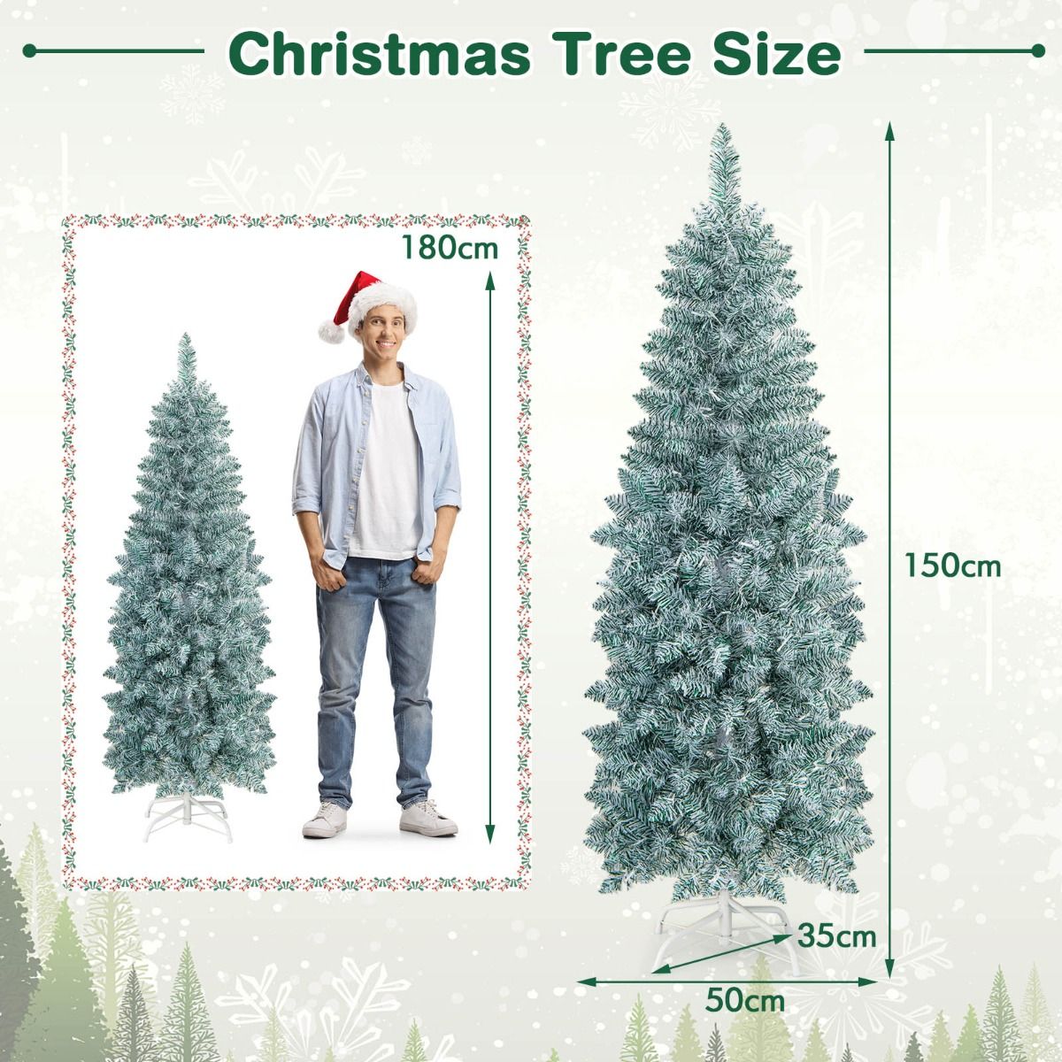 150/180 CM Slim Pencil Christmas Tree with 343/475 Branch Tips and 190/250 Colorful LED Lights