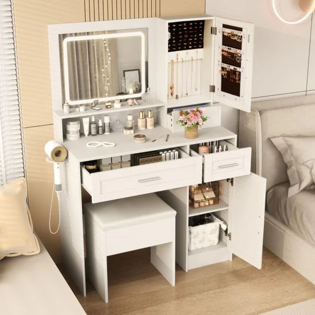 Farmhouse Dressing Table and Stool Set with Charging Station and 3-Color LED Lights