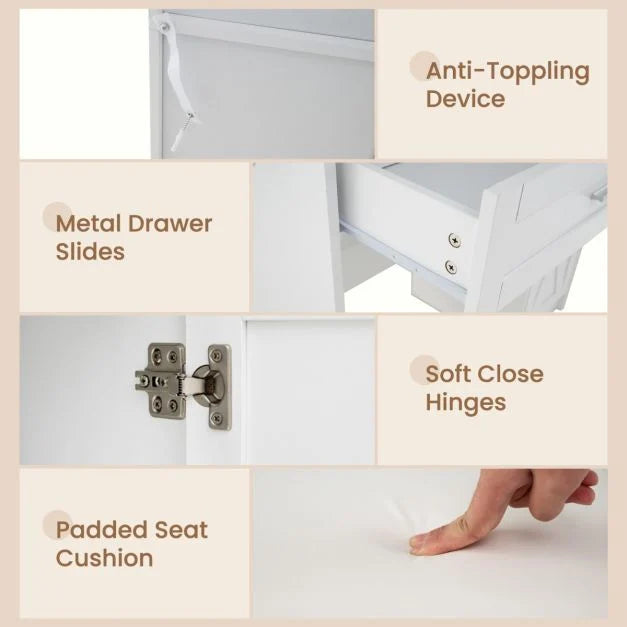 Farmhouse Dressing Table and Stool Set with Charging Station and 3-Color LED Lights