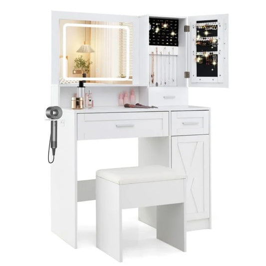 Farmhouse Dressing Table and Stool Set with Charging Station and 3-Color LED Lights