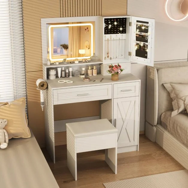 Farmhouse Dressing Table and Stool Set with Charging Station and 3-Color LED Lights