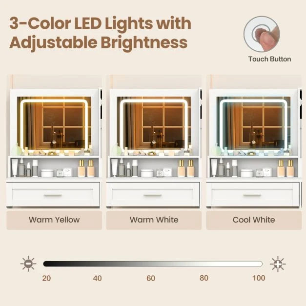 Farmhouse Dressing Table and Stool Set with Charging Station and 3-Color LED Lights
