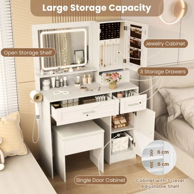 Farmhouse Dressing Table and Stool Set with Charging Station and 3-Color LED Lights
