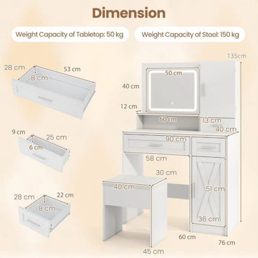 Farmhouse Dressing Table and Stool Set with Charging Station and 3-Color LED Lights