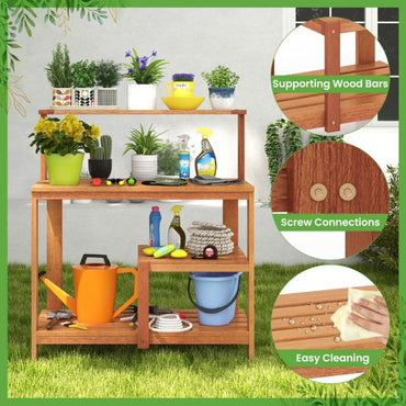 Garden Potting Bench Table with Open Shelves and Teak Oil Finish