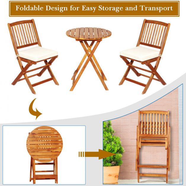 3 Piece Folding Bistro Set with Cushions for Patio