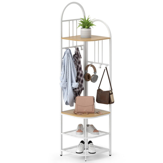 Corner Hall Tree 4 Tier Coat Rack with Storage Bench and Hooks
