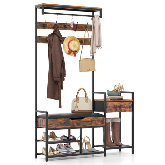 Freestanding Coat Rack with Shoe Rack and Storage Shelf