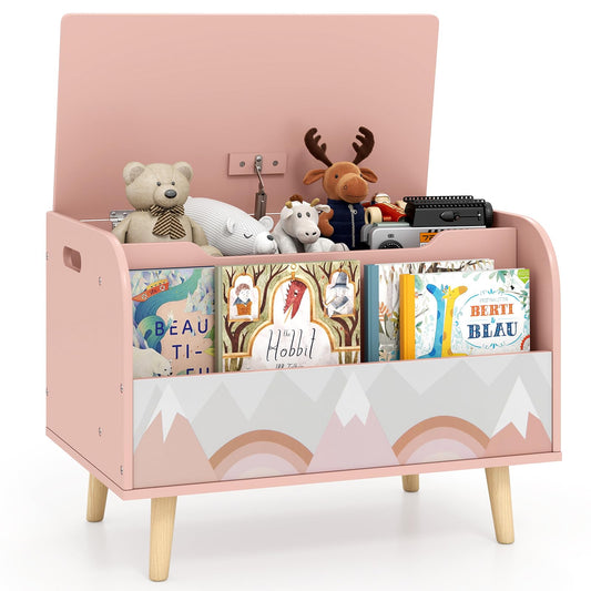 Wooden Toy Box, Kids Storage Chest with Flip-top Lid, Front Bookshelf