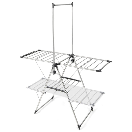 2-Tier Foldable Laundry Drying Rack with Tall Hanging Bar