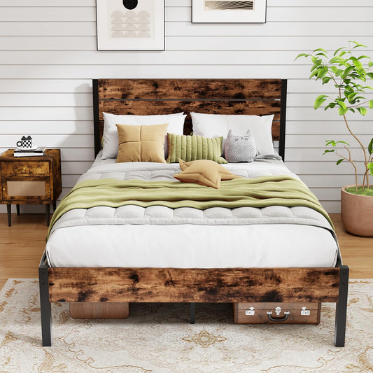 4FT6 Industrial Metal Platform Bed Frame with Wood Headboard & Underbed Storage